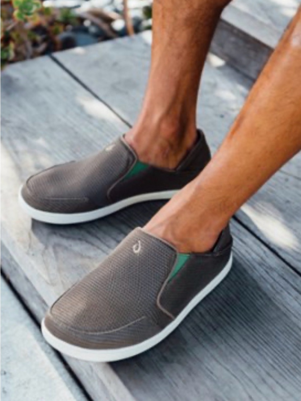 OluKai Men’s Slip-On Loafers — Olive with Cream Sole